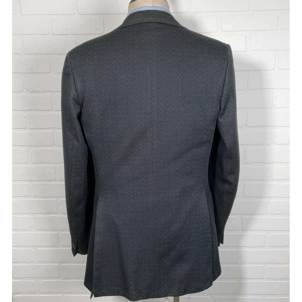 B Bonds Blazer Men 39R Blue Herringbone Two Button 70s Wide Lapel Polyester VTG‎